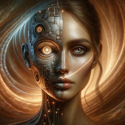 The primary subject of the image is a woman with a mix of human and robotic features. She has a human face with a robotic head, and her eyes are glowing. The setting is a futuristic environment, with a backdrop of a spiral pattern. The visual style is a digital art or illustration, creating a surreal and intriguing atmosphere. The colors are predominantly dark, with the glowing eyes being the main source of light and adding a sense of mystery to the scene.